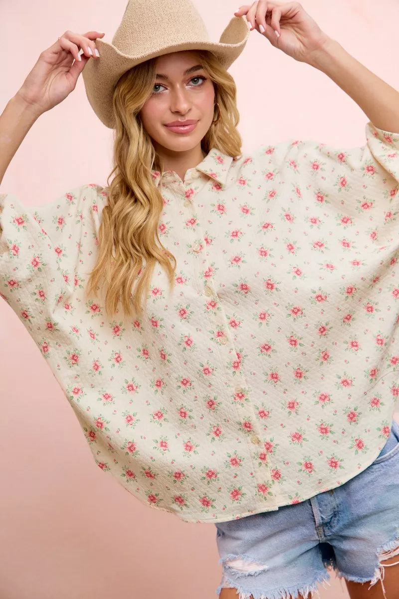 BiBi Flower Printed Short Dolman Blouse Top - Glamourous Grace