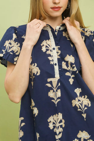 Umgee Floral Ruffle Sleeve Split-Neck Top - Glamourous Grace