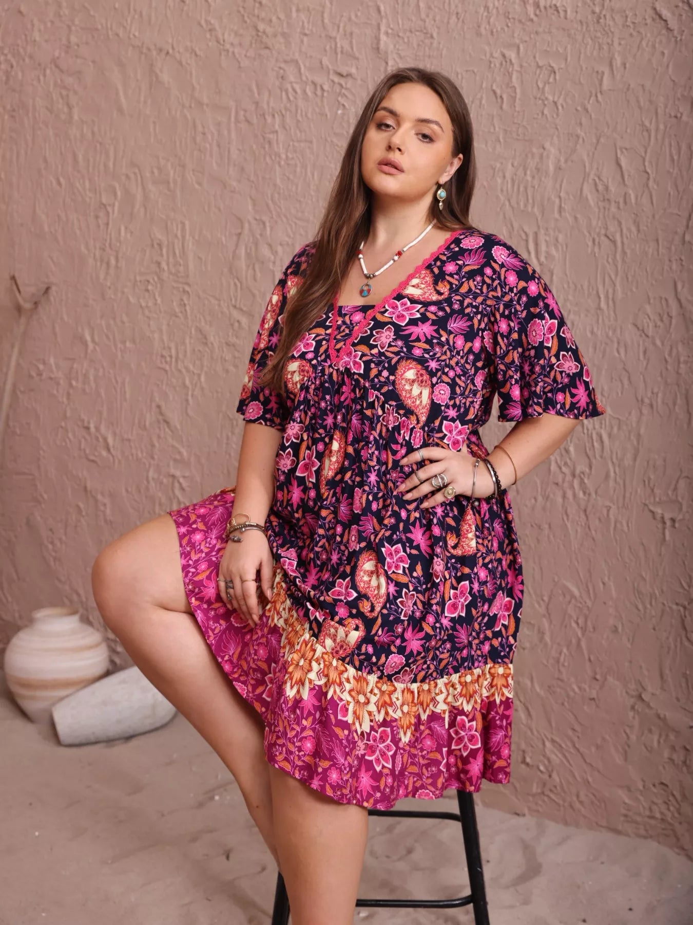 Plus Size Floral Flutter Sleeve Dress - Glamourous Grace