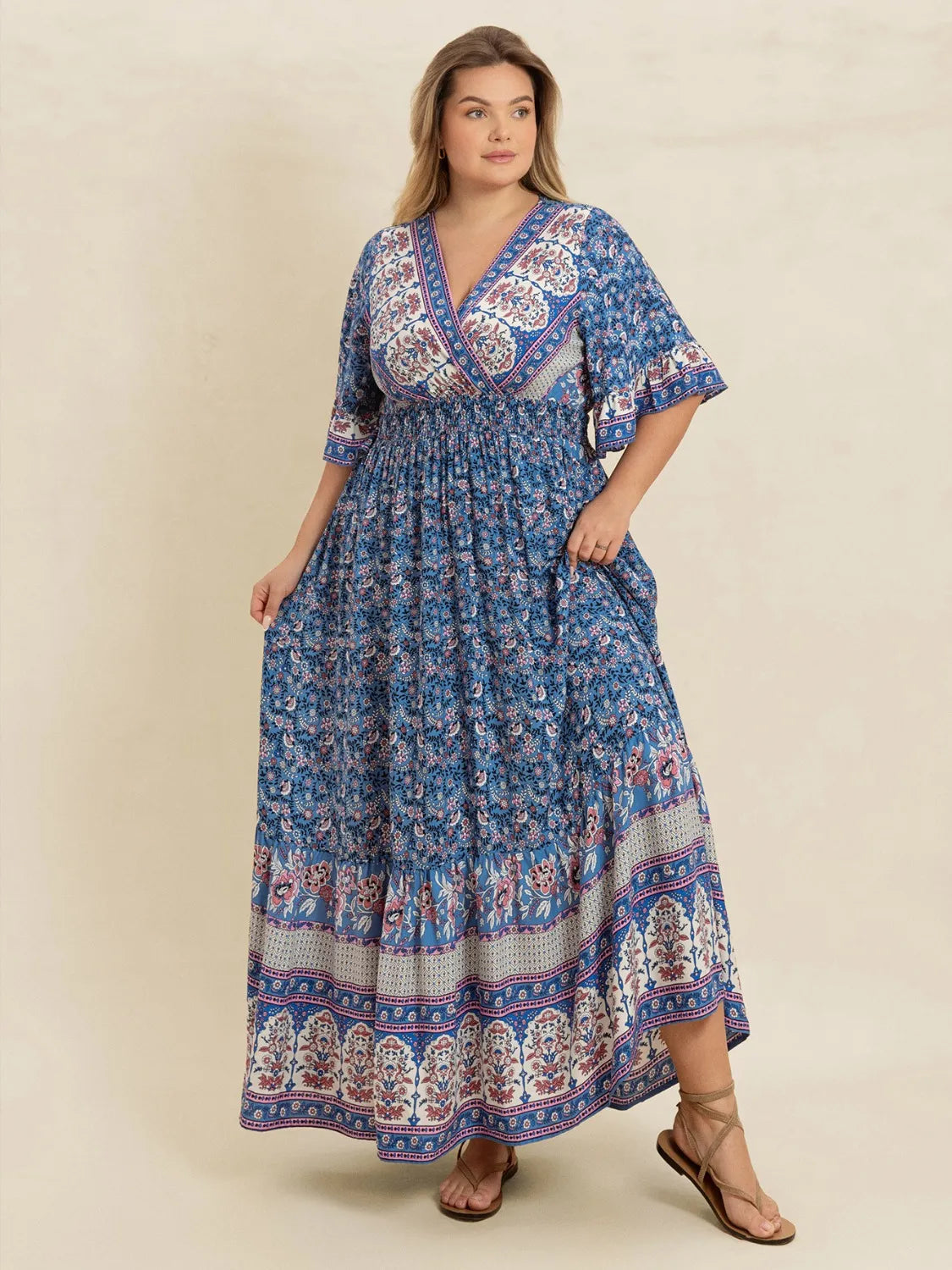 Plus Size Printed Surplice Half Sleeve Dress - Glamourous Grace