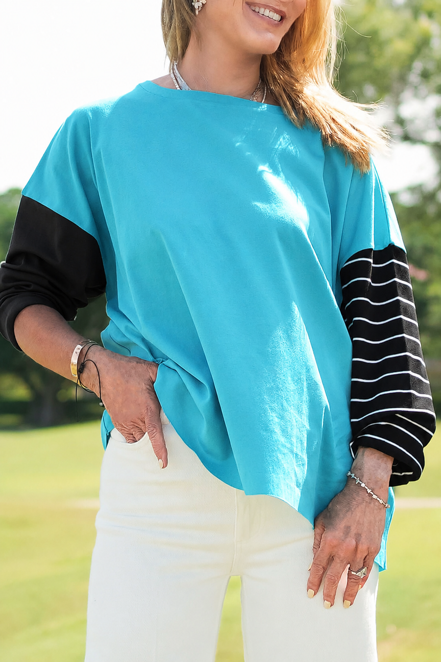 Pima Cotton Mixed Media Boxy T-Shirt - Capri - Glamourous Grace