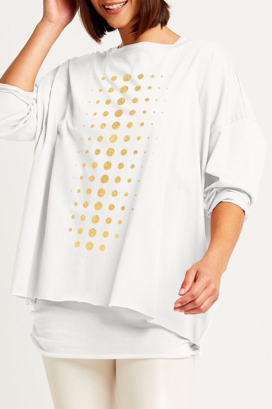 Pima Cotton Metallic Dot Dot Dot Luxury Boxy T-Shirt - Stone/GoldF - Glamourous Grace