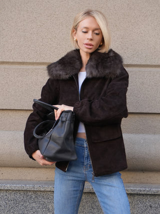 Nebraska Genuine Suede Polar Fox Trim Jacket in Cognac