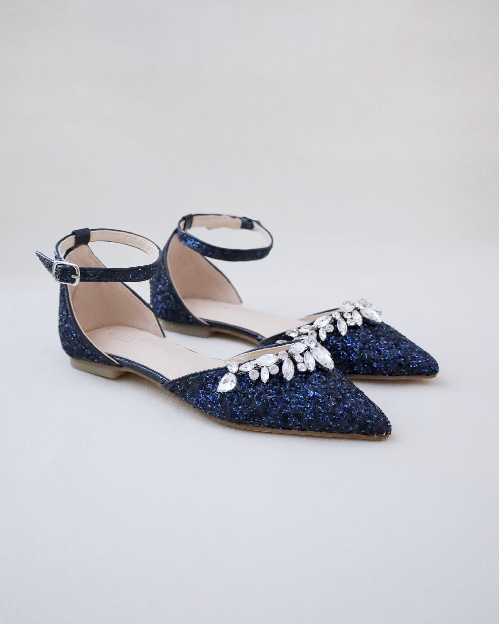 Pointy Toe Glitter Ankle Strap Flats with Teardrop Rhinestones