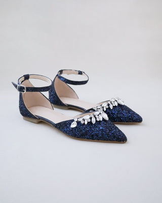 Pointy Toe Glitter Ankle Strap Flats with Teardrop Rhinestones