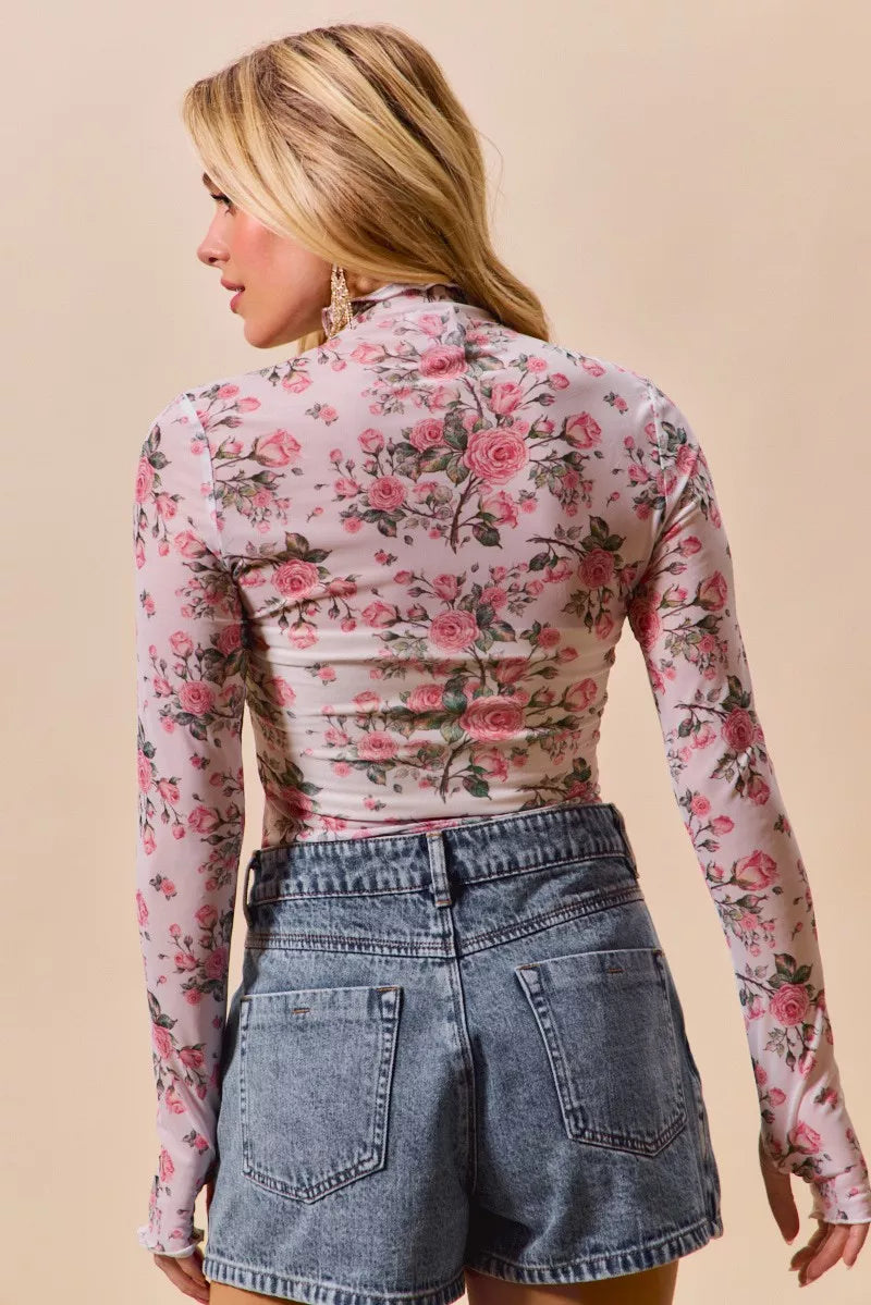 SO ME Floral Rose Print Mesh Sheer Layering Top - Glamourous Grace