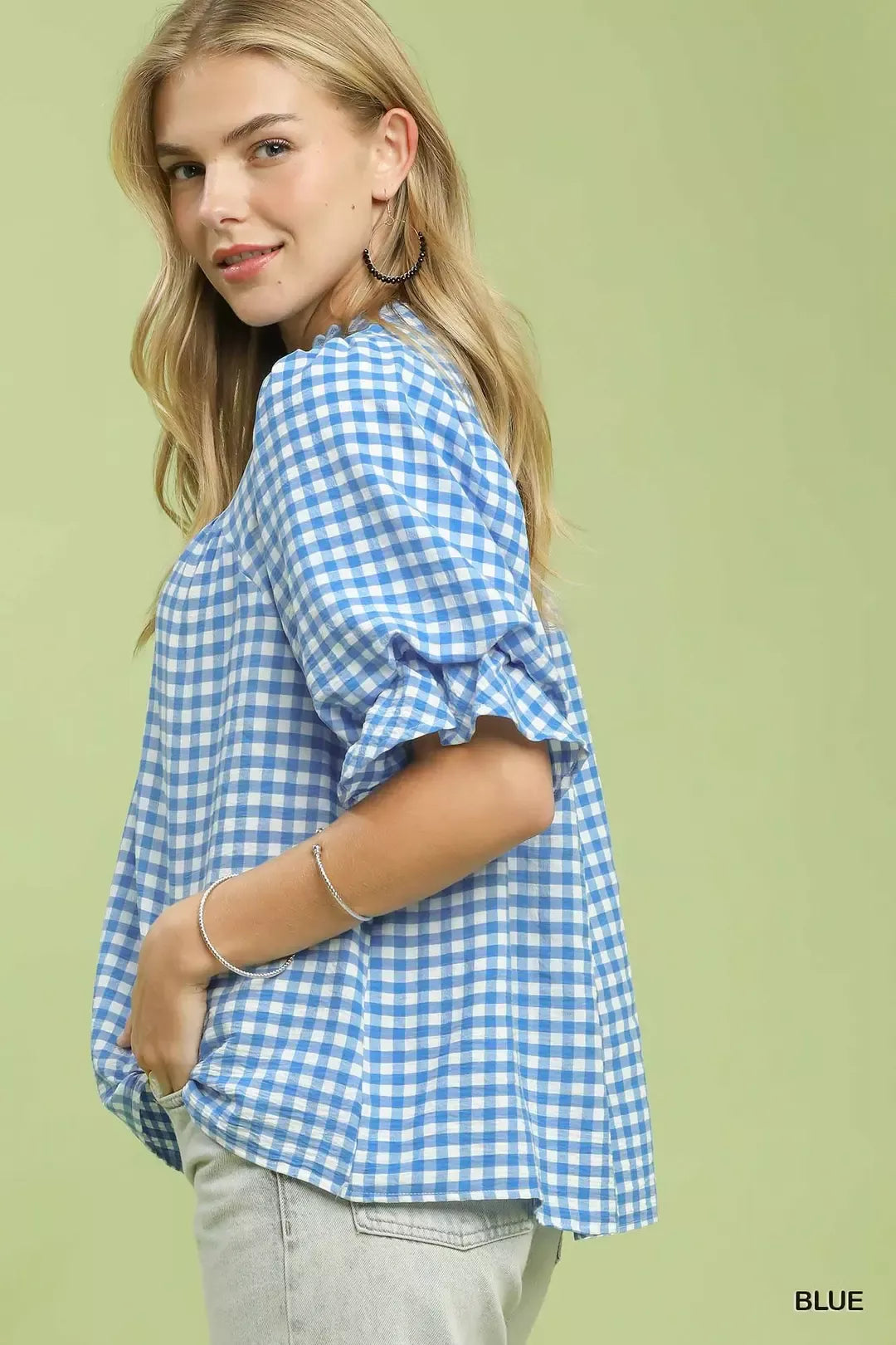 Umgee Gingham Check Blouse with Ruffle Sleeves - Glamourous Grace