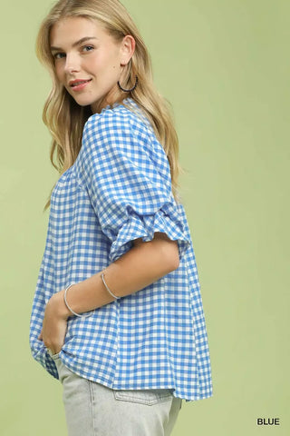 Umgee Gingham Check Blouse with Ruffle Sleeves - Glamourous Grace