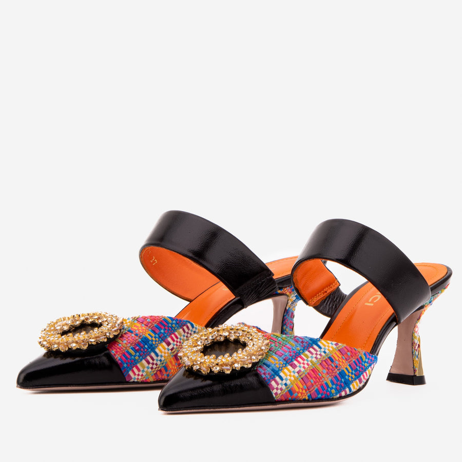 The Valencia Multicolor Leather Women Jewel Heel Mule Sandal - Glamourous Grace