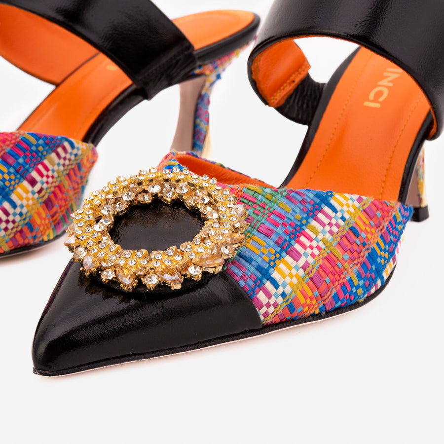 The Valencia Multicolor Leather Women Jewel Heel Mule Sandal - Glamourous Grace