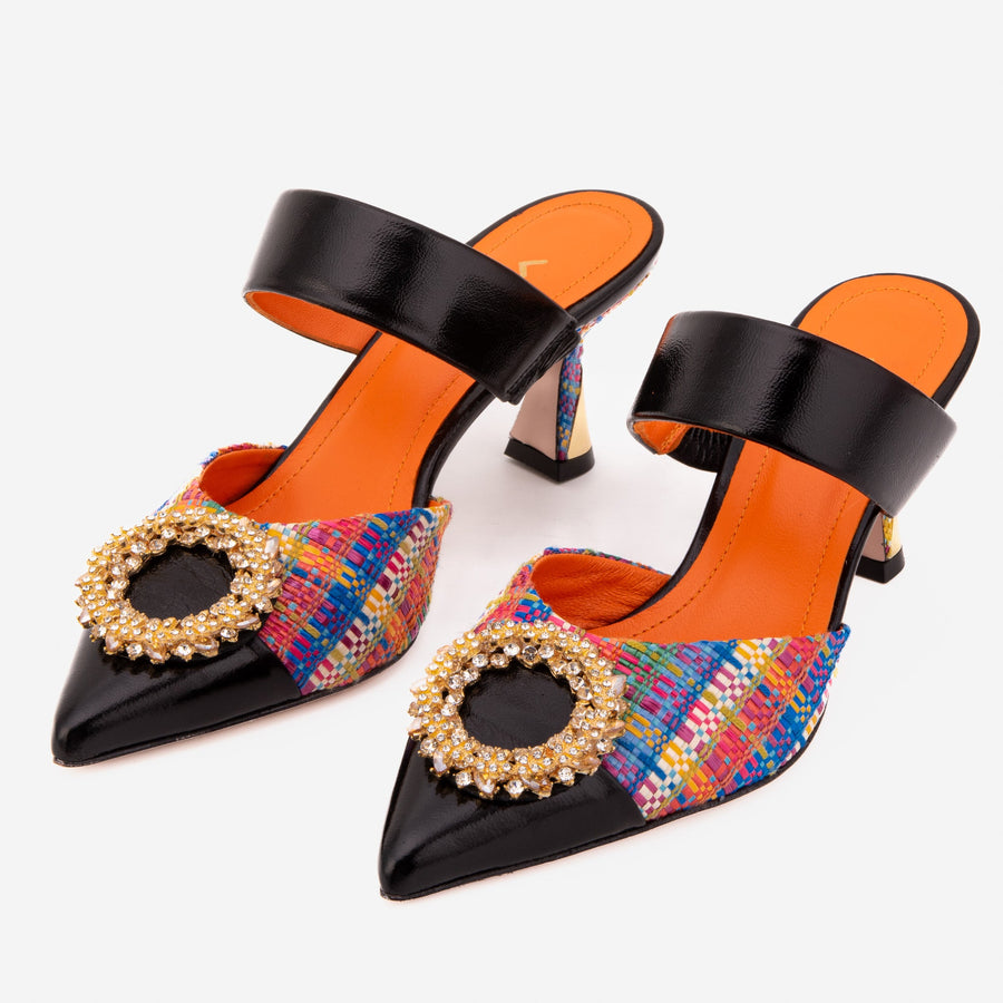 The Valencia Multicolor Leather Women Jewel Heel Mule Sandal - Glamourous Grace
