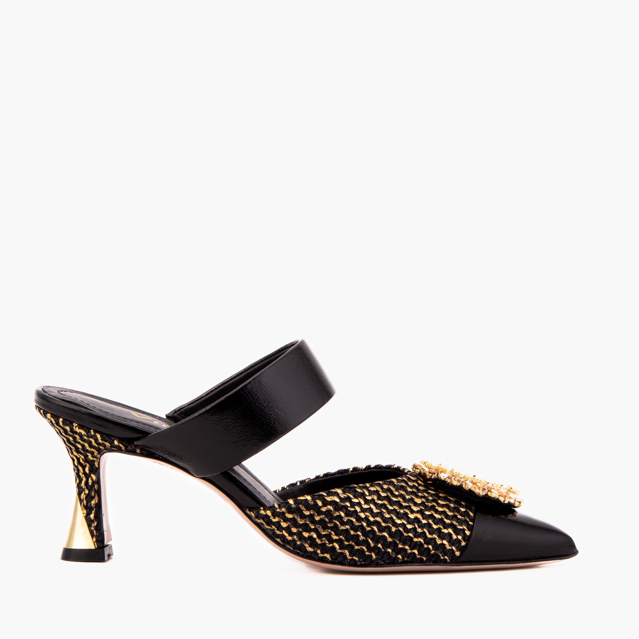 The Valencia Black & Gold Jewel Heel Women Mule Sandal - Glamourous Grace