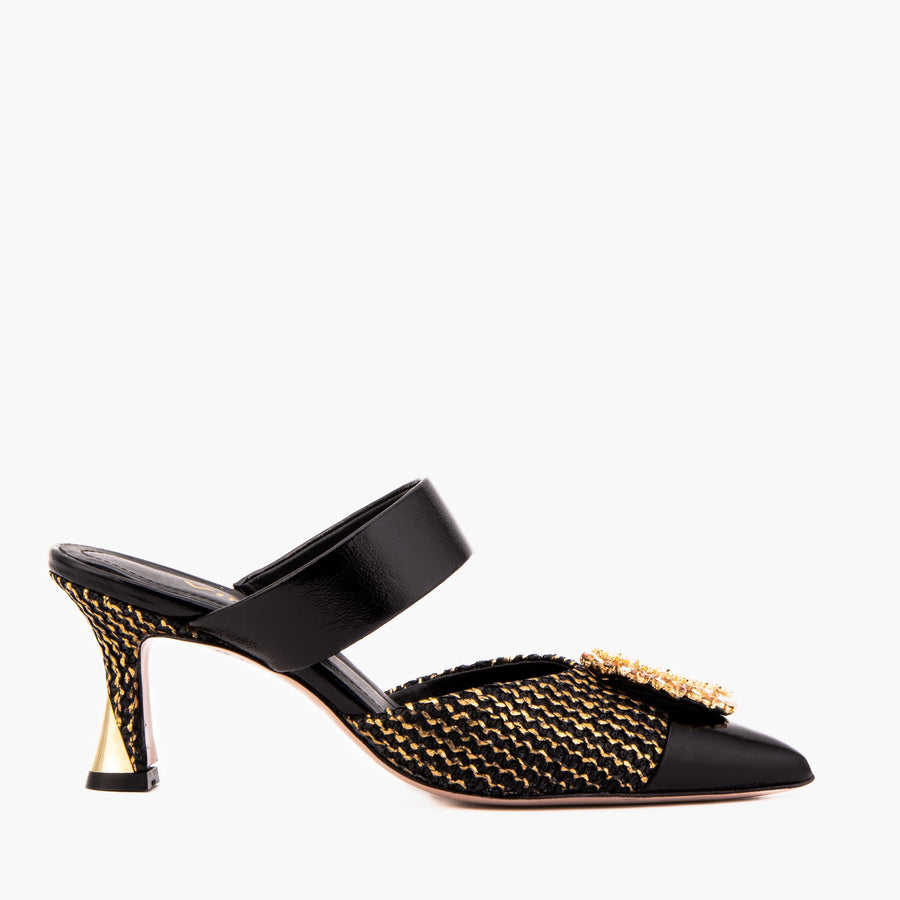 The Valencia Black & Gold Jewel Heel Women Mule Sandal - Glamourous Grace