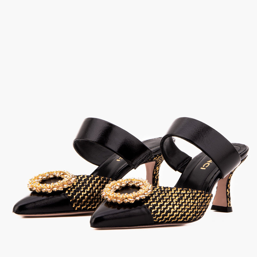 The Valencia Black & Gold Jewel Heel Women Mule Sandal - Glamourous Grace