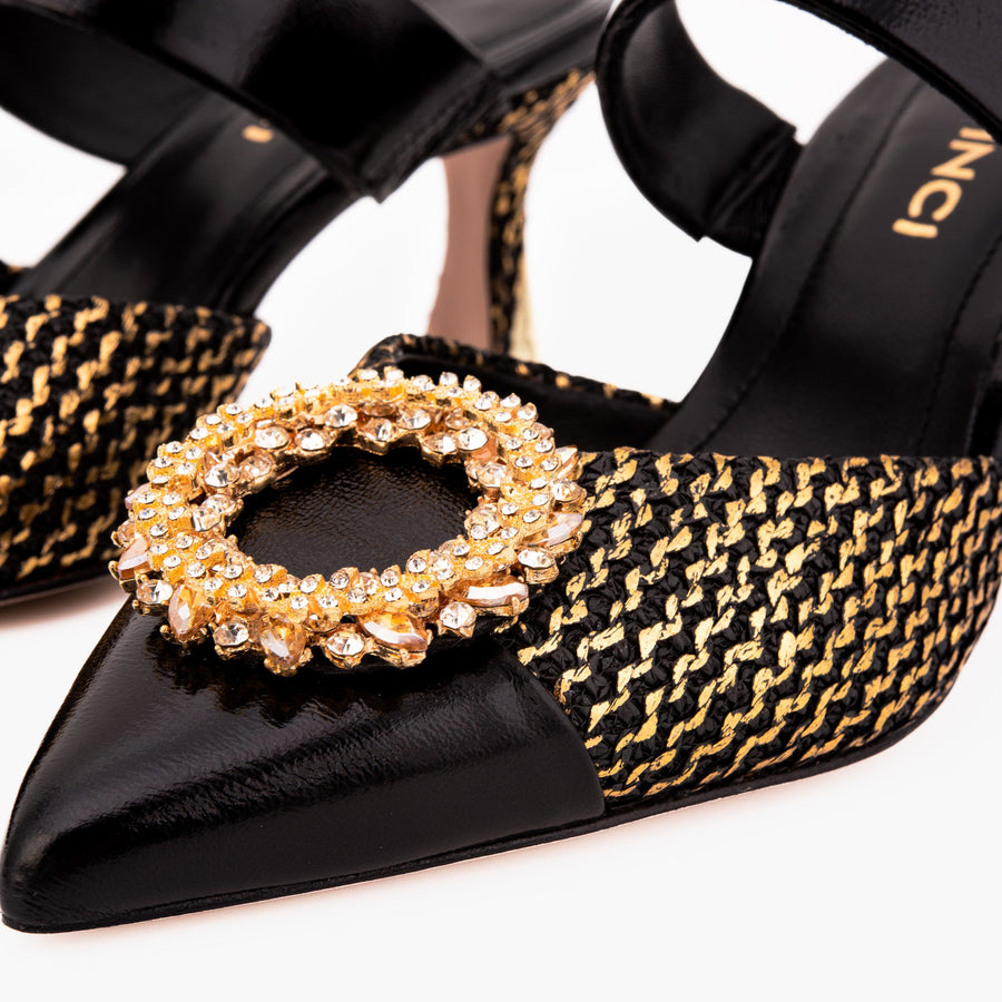 The Valencia Black & Gold Jewel Heel Women Mule Sandal - Glamourous Grace