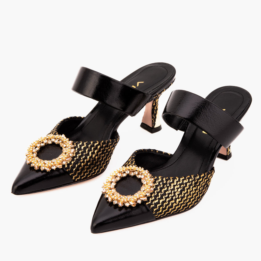 The Valencia Black & Gold Jewel Heel Women Mule Sandal - Glamourous Grace