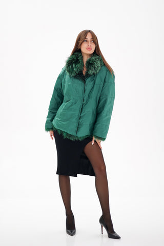 Reversible Genuine Silver Fox  Down Fill Coat in Emerald