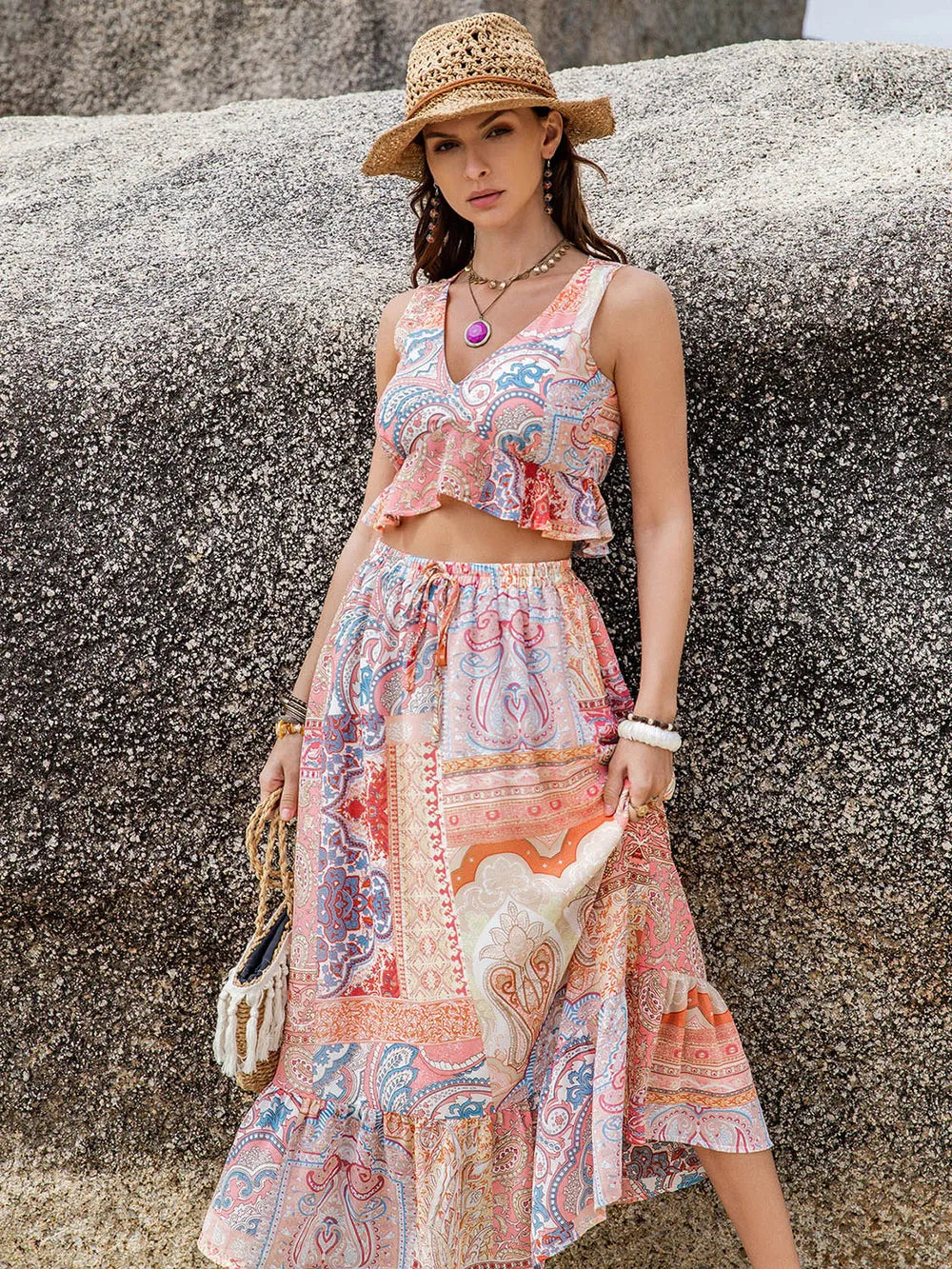 Printed V-Neck Top and Midi Skirt Set - Glamourous Grace