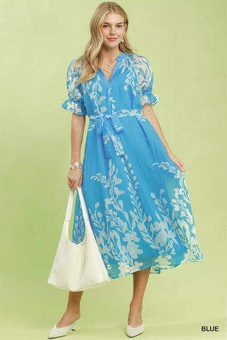 Umgee Floral Print Tie Waist Midi Dress with Side Pockets - Glamourous Grace