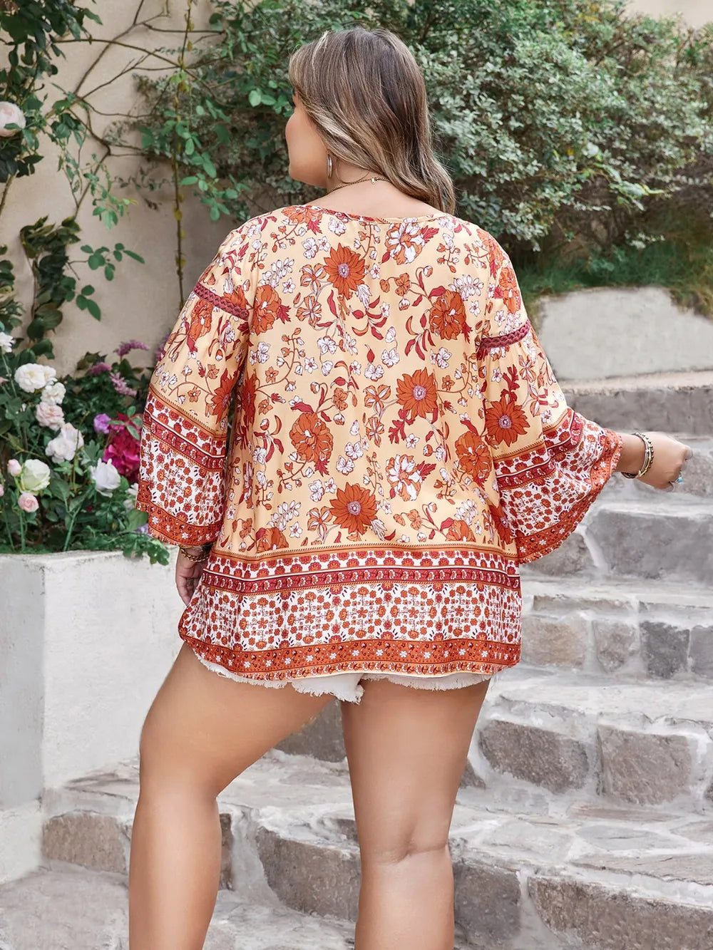 Plus Size Printed V-Neck Three-Quarter Sleeve Blouse - Glamourous Grace