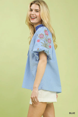 Umgee Embroidered Stripe Top in Blue - Glamourous Grace