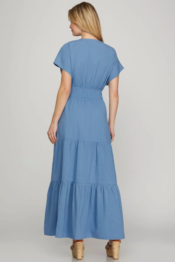 She + Sky Surplice Short Sleeve Tiered Maxi Dress With Pockets - Glamourous Grace