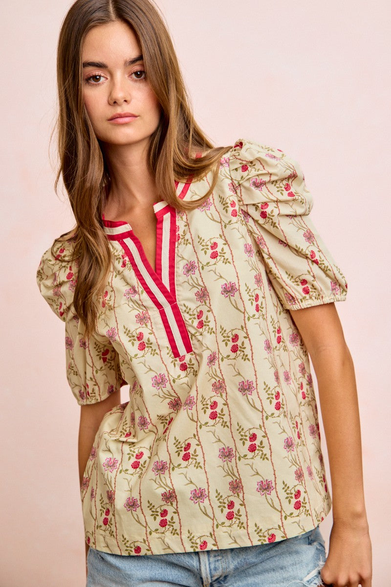 BiBi Floral Gather Sleeves Contrast Neckband Blouse Top - Glamourous Grace