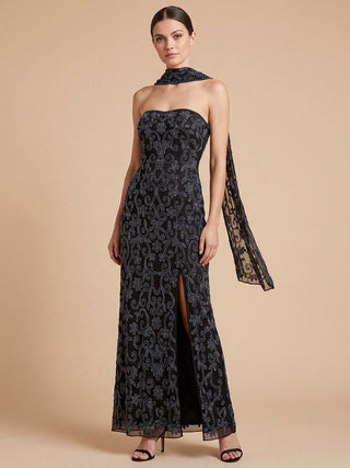 Strapless Beaded Gown with Scarf | Lara 9916