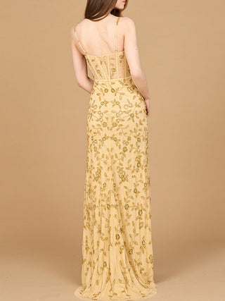 Beaded Corset Gown with Slit - Glamourous Grace
