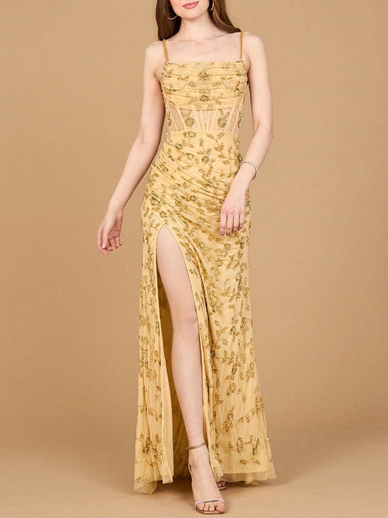 Beaded Corset Gown with Slit - Glamourous Grace
