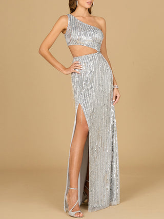 One Shoulder Beaded Gown with Cutout - Glamourous Grace
