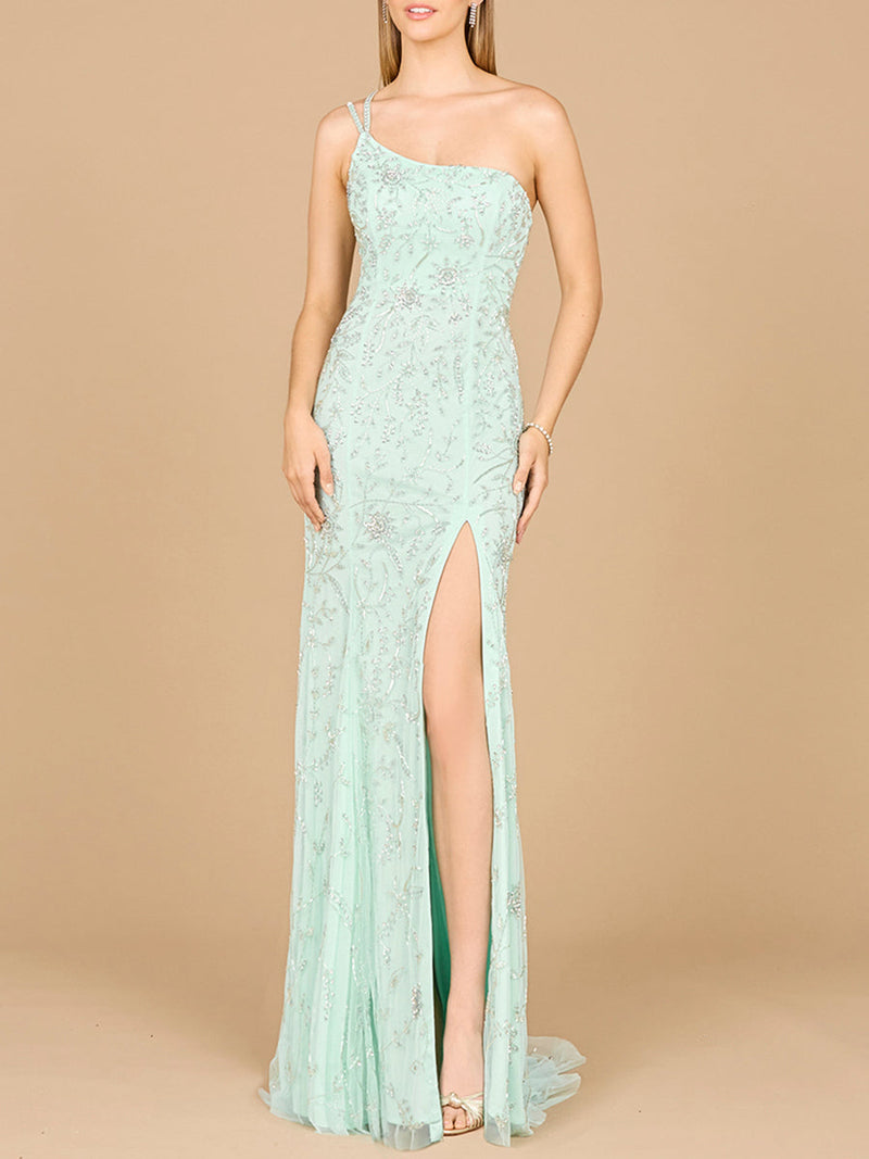 One Shoulder Beaded Gown with Slit - Glamourous Grace