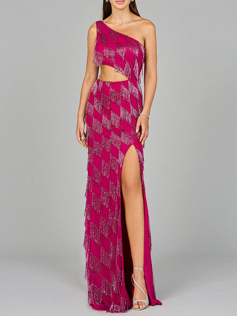 One Shoulder Fringe Gown - Glamourous Grace