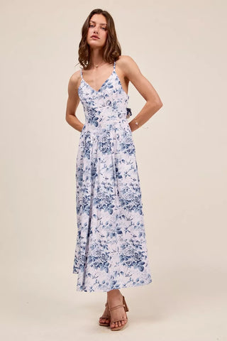 SO ME Floral Woven V Neck Dress With Back Ribbon Tie - Glamourous Grace