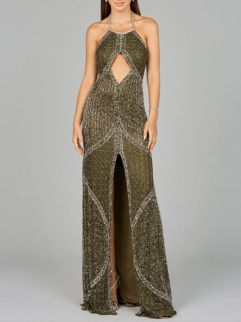 Symmetrical Halter Neck Beaded Gown - OUTLET - Glamourous Grace