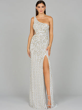 One-Shoulder Beaded Gown with Slit - Glamourous Grace