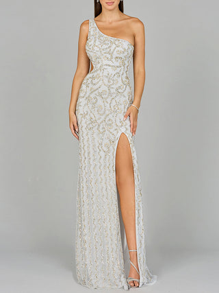 One-Shoulder Beaded Gown with Slit - Glamourous Grace