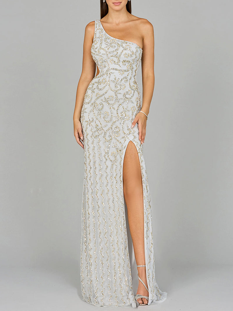 One-Shoulder Beaded Gown with Slit - Glamourous Grace