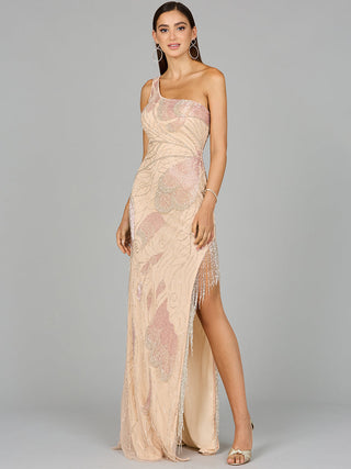 One Shoulder Beaded Gown with Fringe Slit - Glamourous Grace
