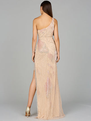 One Shoulder Beaded Gown with Fringe Slit - Glamourous Grace