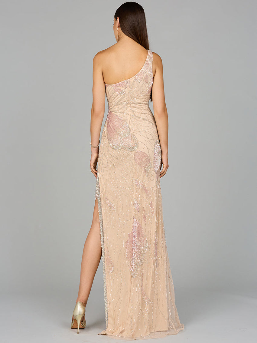 One Shoulder Beaded Gown with Fringe Slit - Glamourous Grace