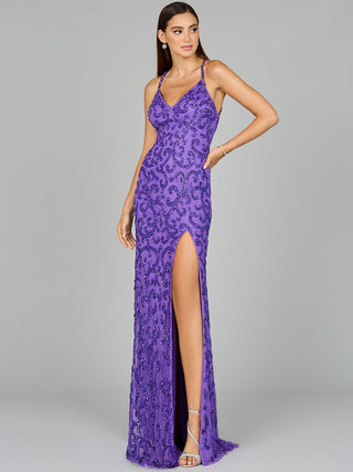 Sultry Beaded Gown with Slit - Glamourous Grace