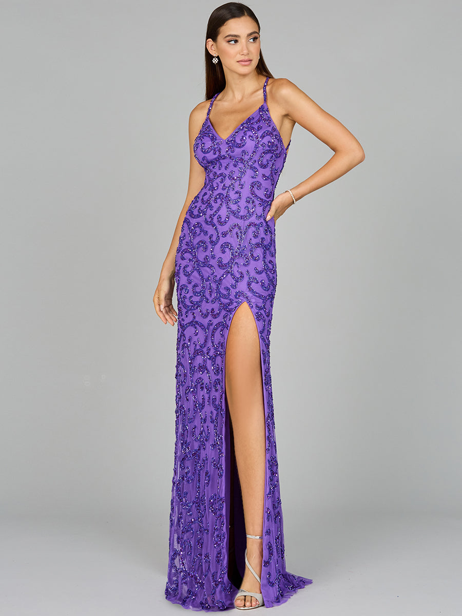 Sultry Beaded Gown with Slit - Glamourous Grace
