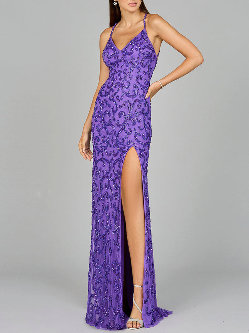 Sultry Beaded Gown with Slit - Glamourous Grace