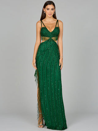 Cutout Beaded Gown with Fringes - Glamourous Grace