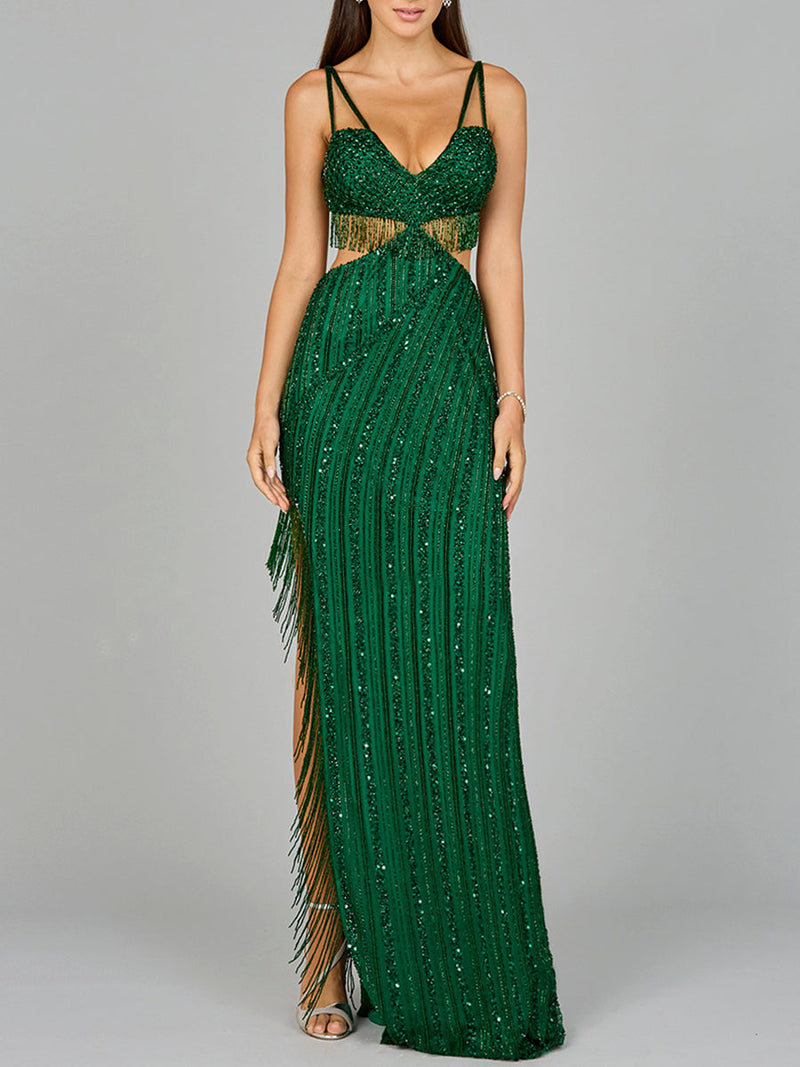 Cutout Beaded Gown with Fringes - Glamourous Grace