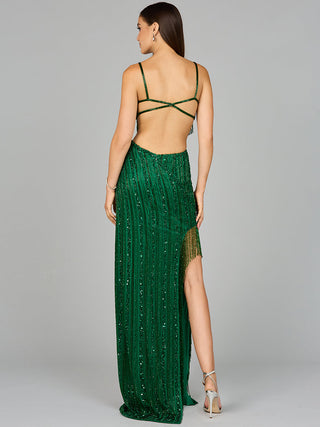 Cutout Beaded Gown with Fringes - Glamourous Grace