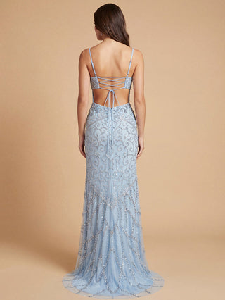 Embellished Gown with Slit And Low Back - Glamourous Grace