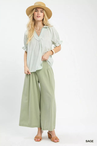 Umgee Pinstripe V-Neck Ruffle Sleeve Blouse - Glamourous Grace