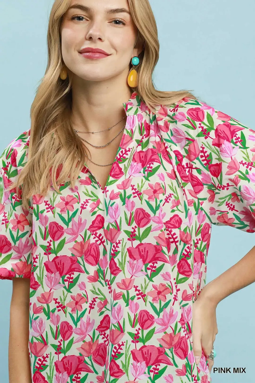 Umgee Floral Puff Sleeve Blouse with Scalloped Details - Glamourous Grace